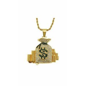 Dollar Money Bag Necklace Gold Tone with Green Jewels